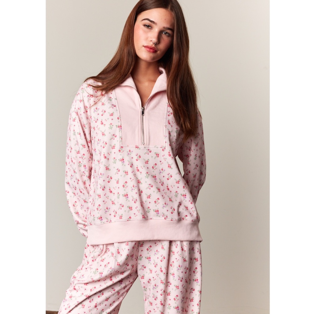 Women's Pink Floral Wide Leg Pants & Matching Pullover Set
